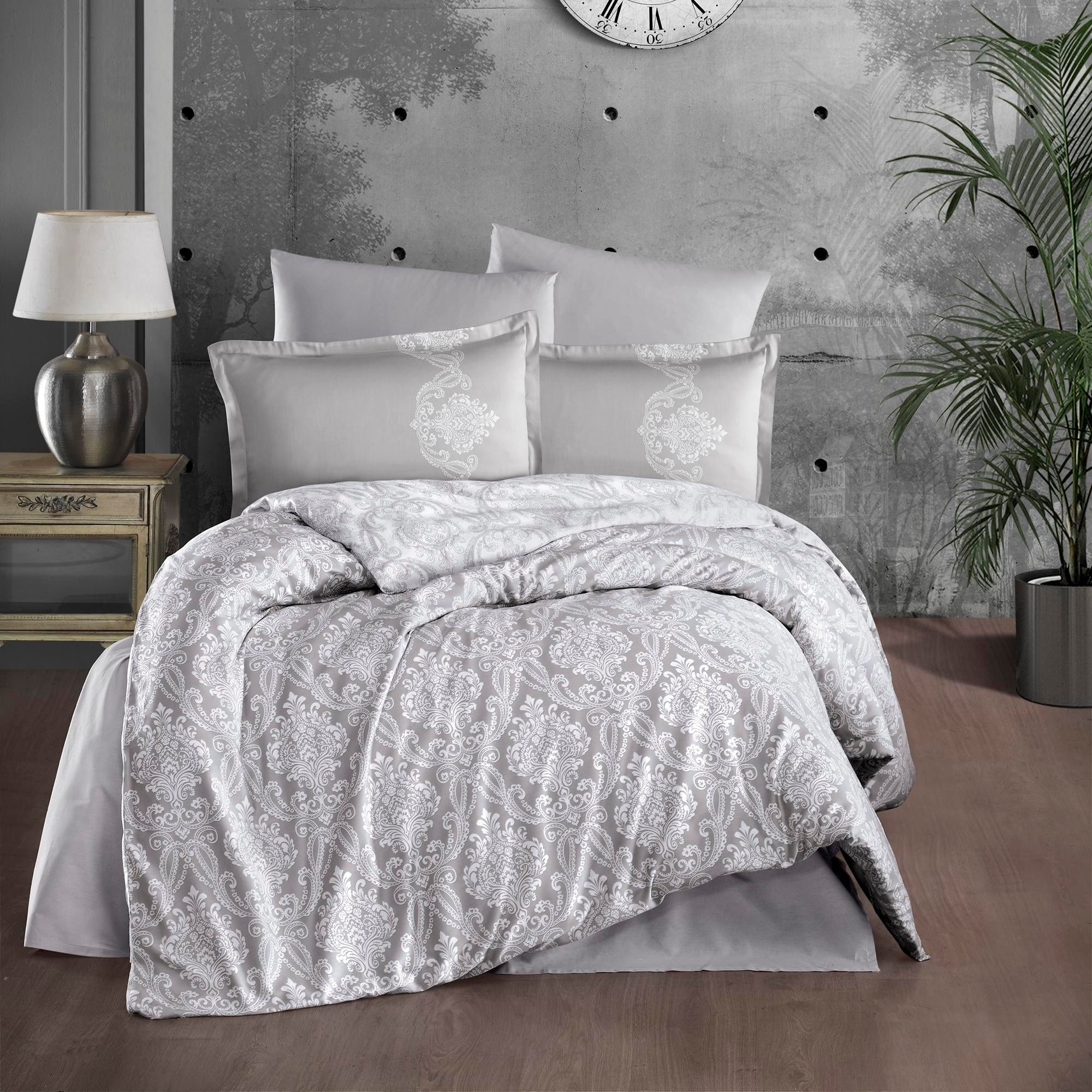 Set lenjerie pat king size TOLEDO V1, bumbac, gri, 240x260 cm, cu cearceaf pat, cearceaf pilota si 2 fete de perna