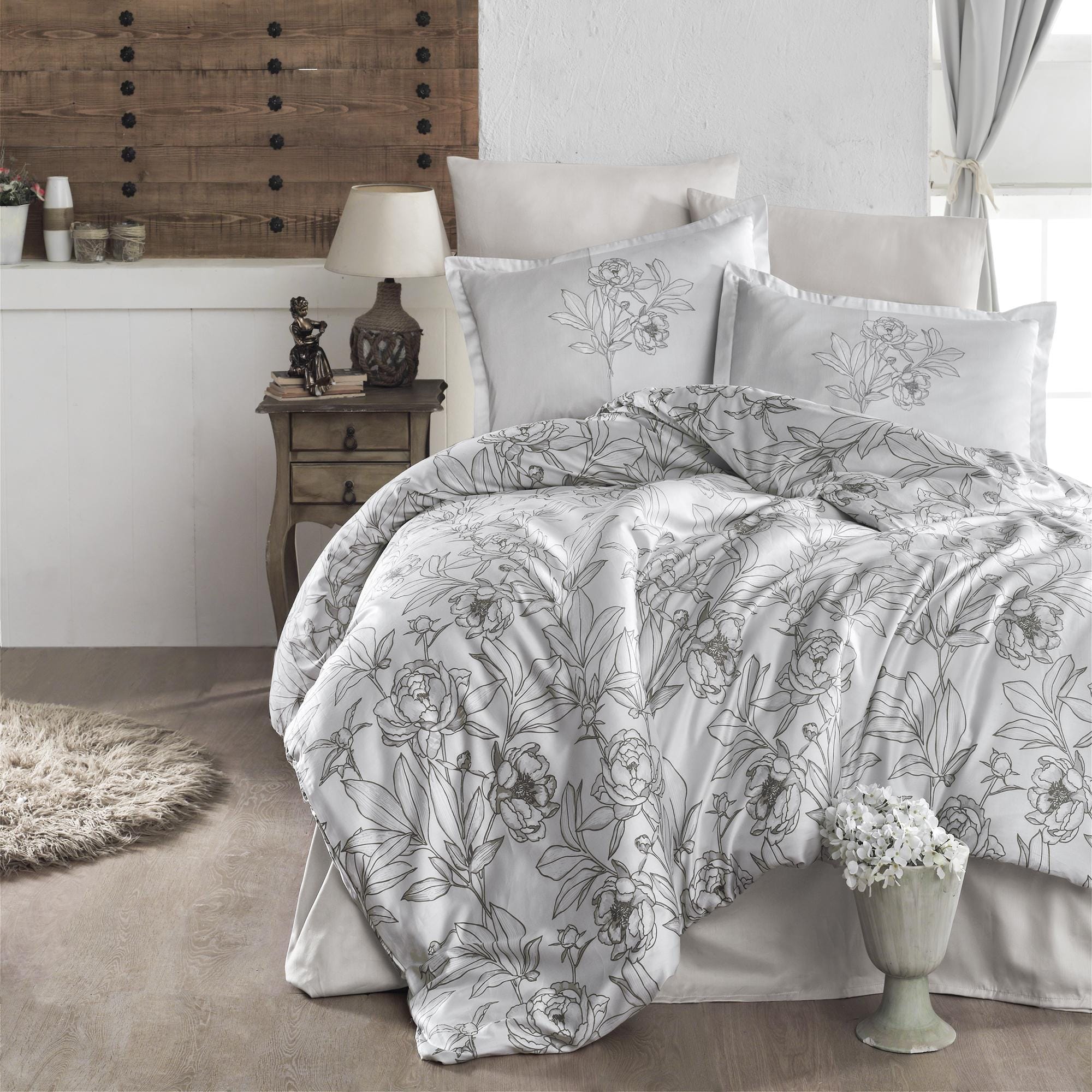 Set lenjerie pat king size TULUNA V1, bumbac, gri, 240x260 cm, cu cearceaf pat, cearceaf pilota si 2 fete de perna