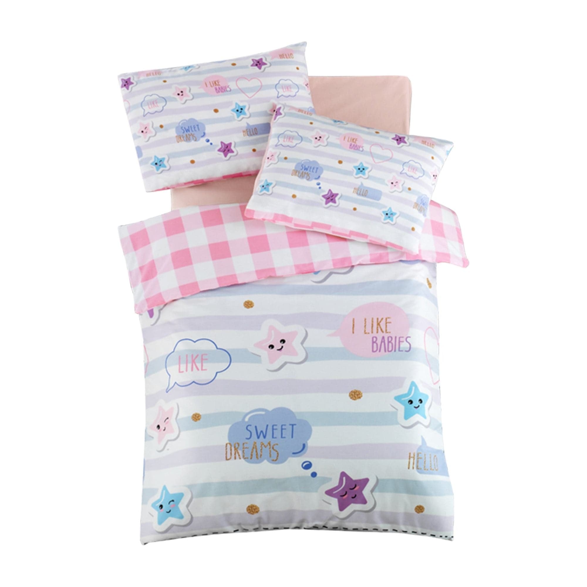 Set lenjerie pat pentru copii DREAM, bumbac, multicolor, 100x150 cm, cu cearceaf pat, cearceaf pilota si 2 fete de perna