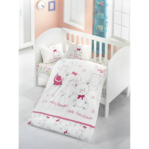Set lenjerie pat pentru copii FAMILY, bumbac, alb/roz, 100x150 cm, cu cearceaf pat, cearceaf pilota si 2 fete de perna