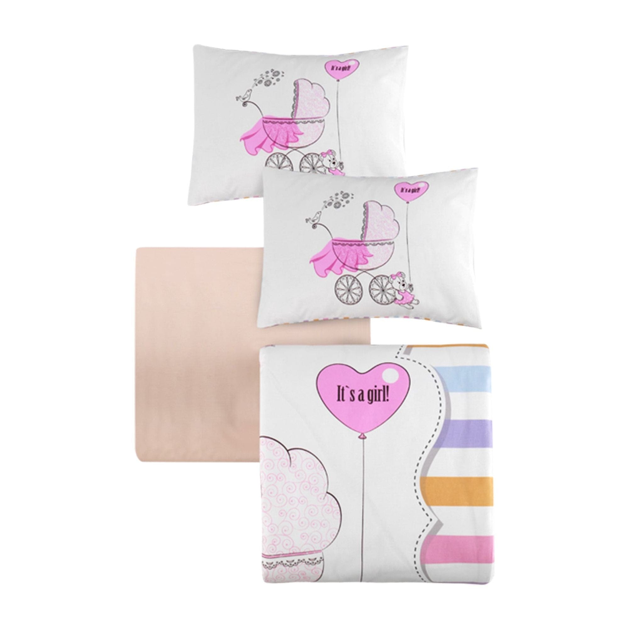 Set lenjerie pat pentru copii GIRL, bumbac, multicolor, 100x150 cm, cu cearceaf pat, cearceaf pilota si 2 fete de perna