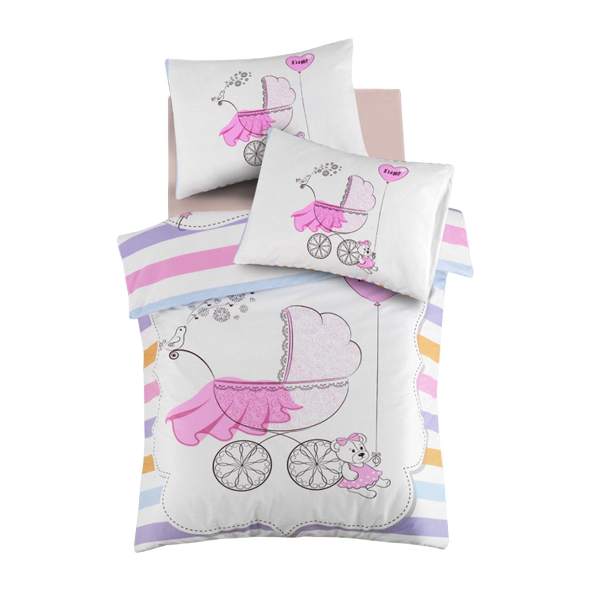 Set lenjerie pat pentru copii GIRL, bumbac, multicolor, 100x150 cm, cu cearceaf pat, cearceaf pilota si 2 fete de perna