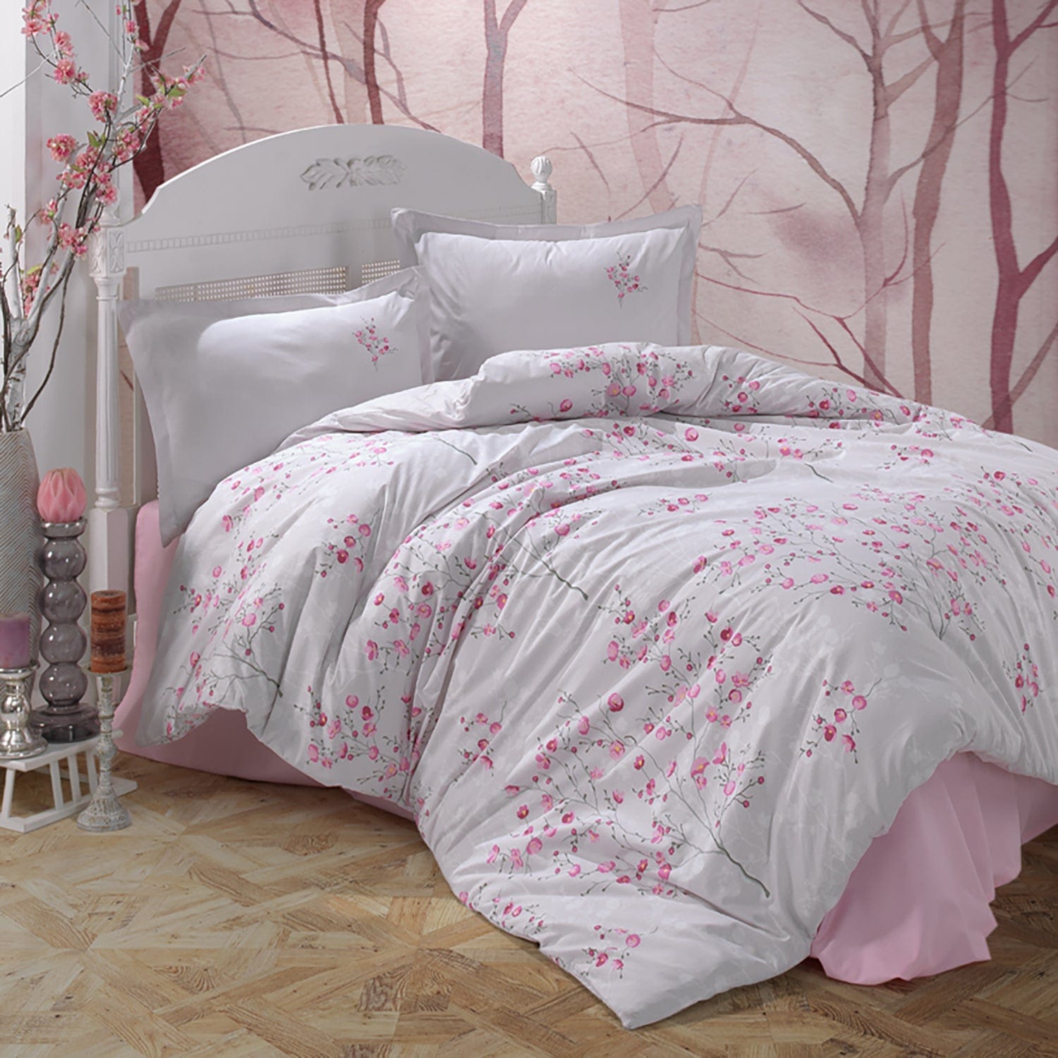 Set lenjerie pat SALIDA V2, bumbac, alb/roz, 240x260 cm, cu cearceaf pat, cearceaf pilota si 2 fete de perna