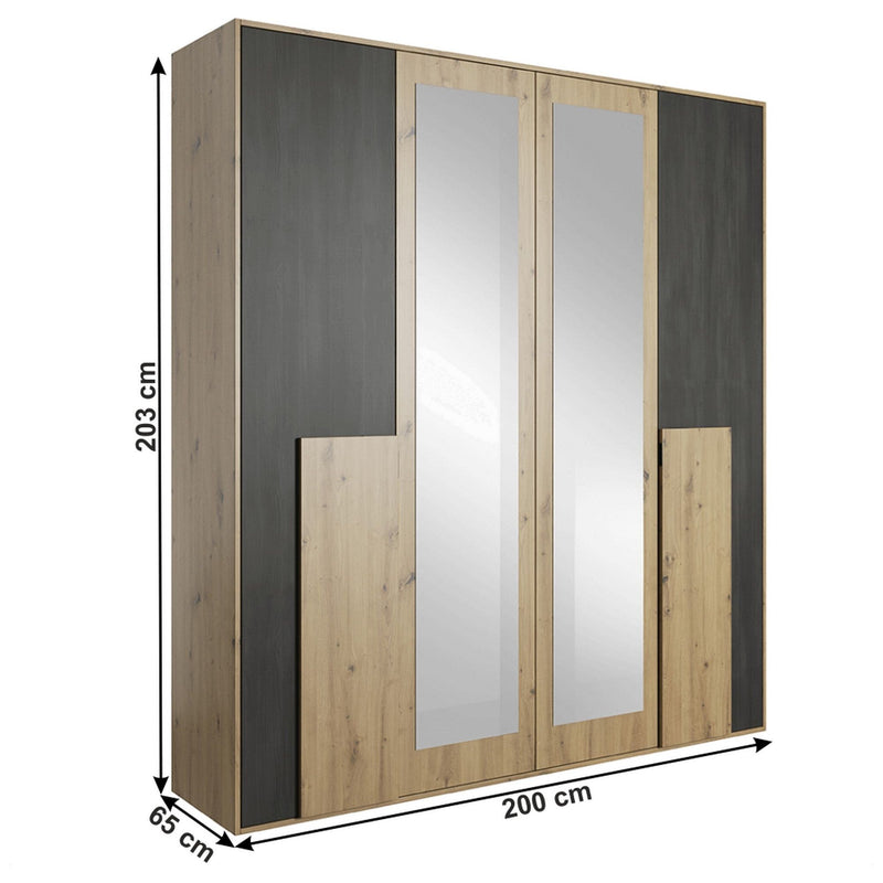 Dulap dormitor BAFRA, PAL laminat, stejar artizanal/pin norvegian negru, 200x65x203 cm, cu oglindă, 2 usi