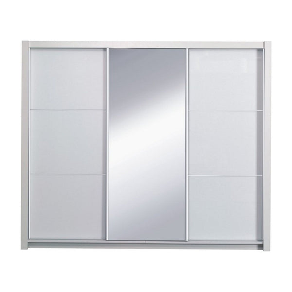 Dulap dormitor ASIENA, PAL laminat, alb lucios/oglinda, 208X213 cm, cu iluminare LED si uşi glisante
