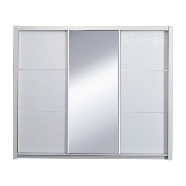 Dulap dormitor ASIENA, PAL laminat, alb lucios/oglinda, 258x67x213 cm, cu iluminare LED si uşi glisante