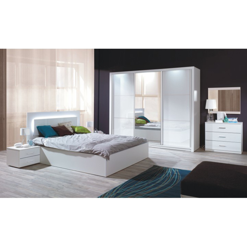 Set dormitor ASIENA, dulap + pat 160x200 + 2x noptieră), PAL laminat/oglinda, alb/alb lucios HG