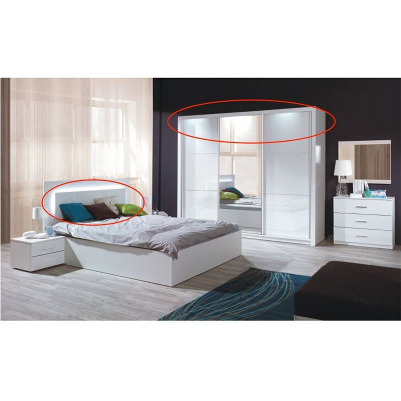 Set dormitor ASIENA, dulap + pat 160x200 + 2x noptieră), PAL laminat/oglinda, alb/alb lucios HG