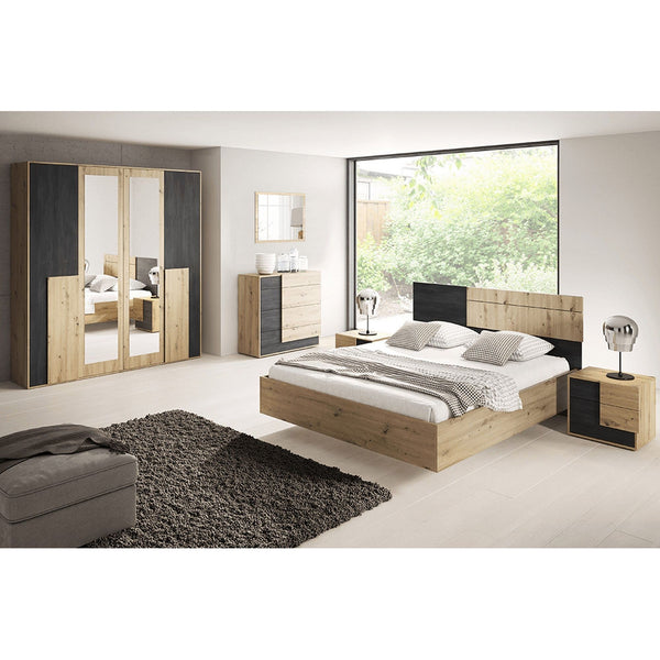 Set dormitor BAFRA, pat 160x200 cm + dulap in 4 usi + 2 noptiere, PAL laminat, stejar artizan/pin norvegian negru