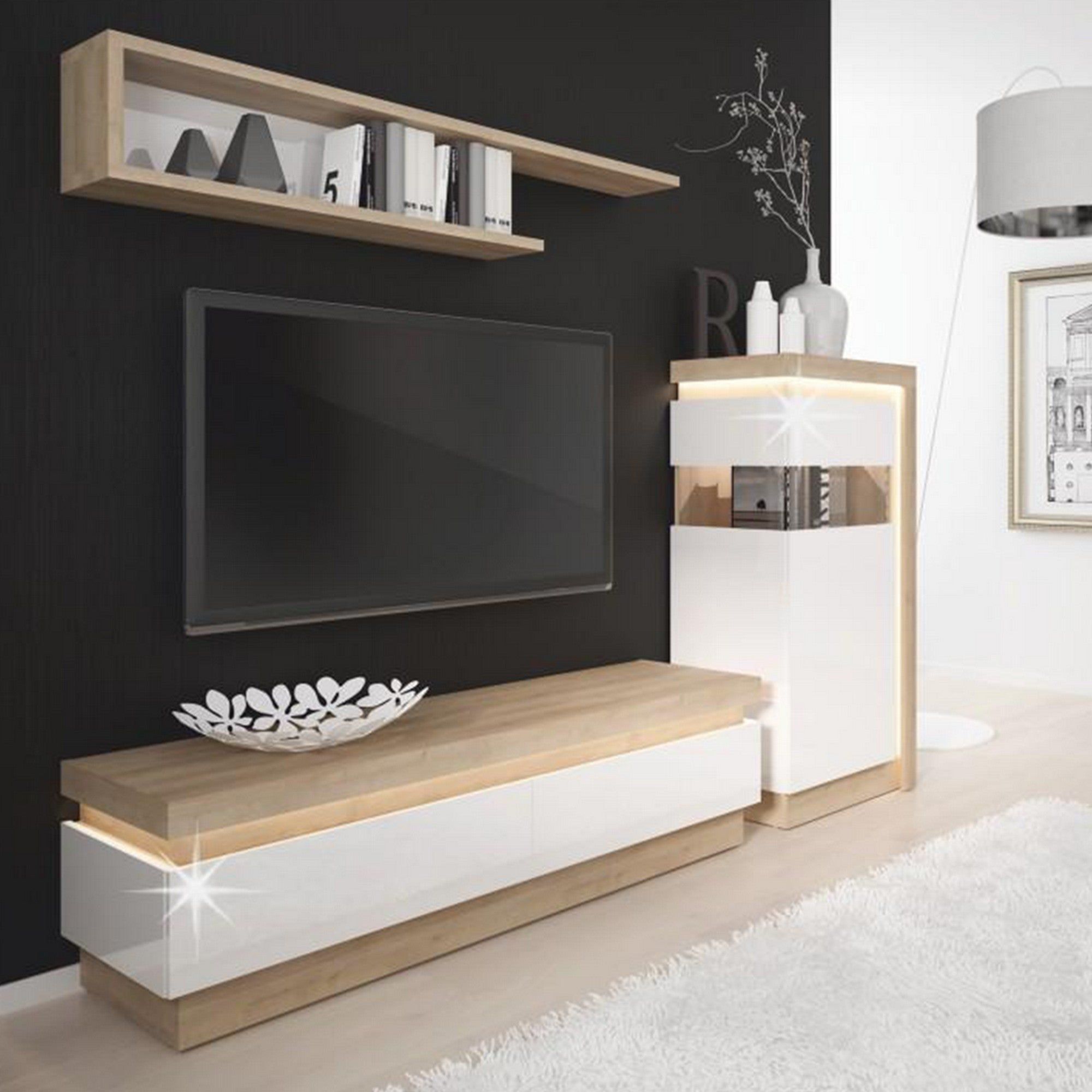 Comoda TV LEONARDO 01, stejar riviera/alb lucios, DTD laminat, 146x42x42 cm