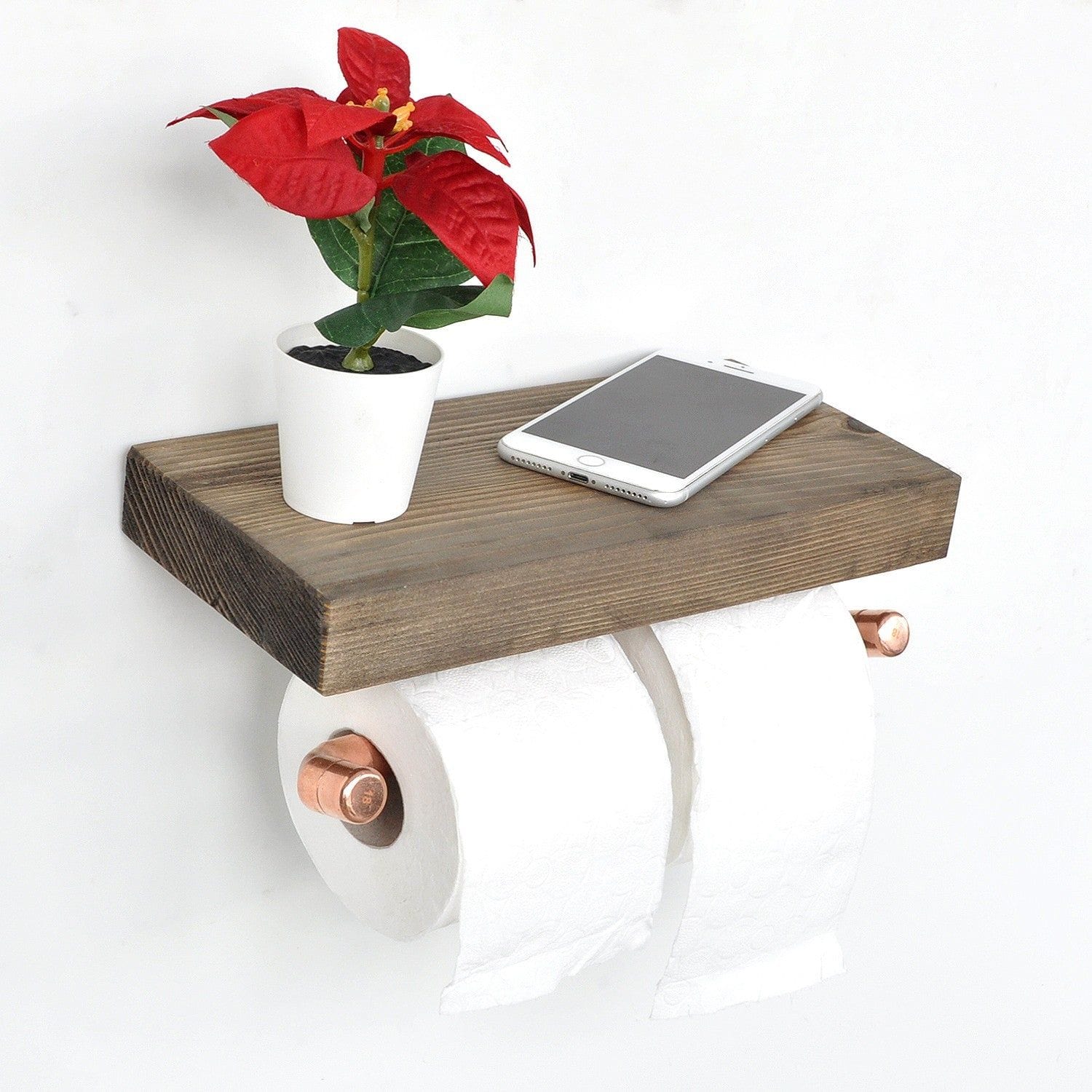 Suport hartie igienica COP018, stejar inchis/cupru, lemn de molid/metal, 30x15x12 cm