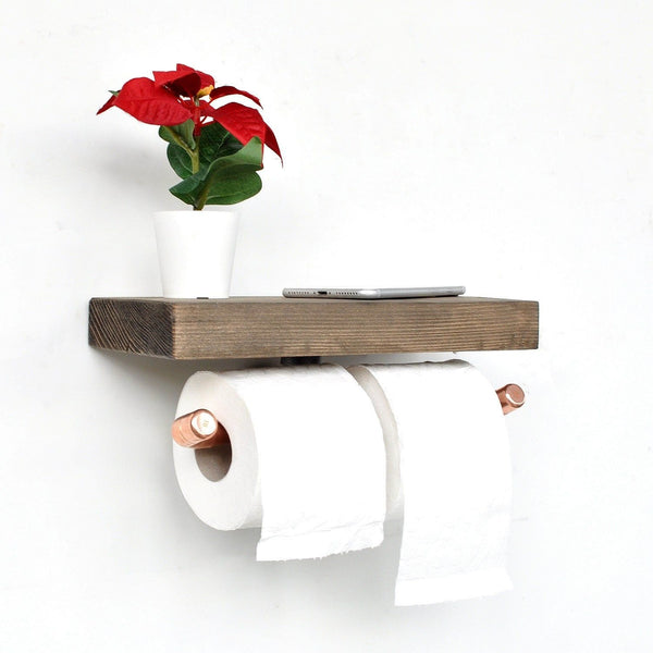 Suport hartie igienica COP018, stejar inchis/cupru, lemn de molid/metal, 30x15x12 cm