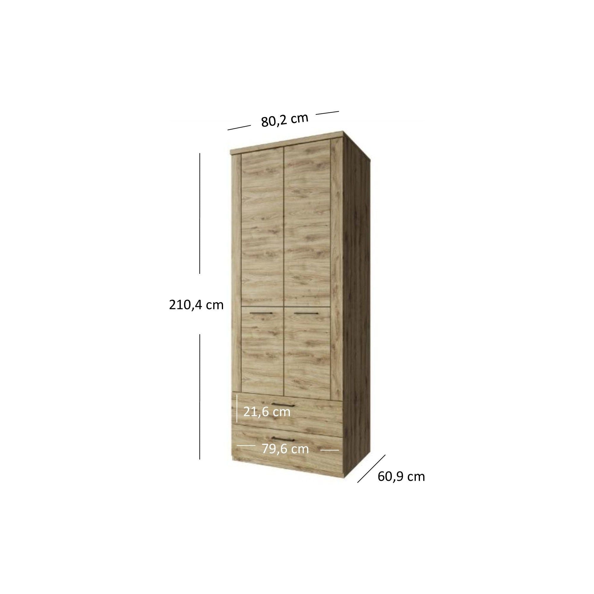 Dulap DOORSET, stejar navarra, PAL laminat, cu 2 usi si 2 sertare, 80x61x210 cm