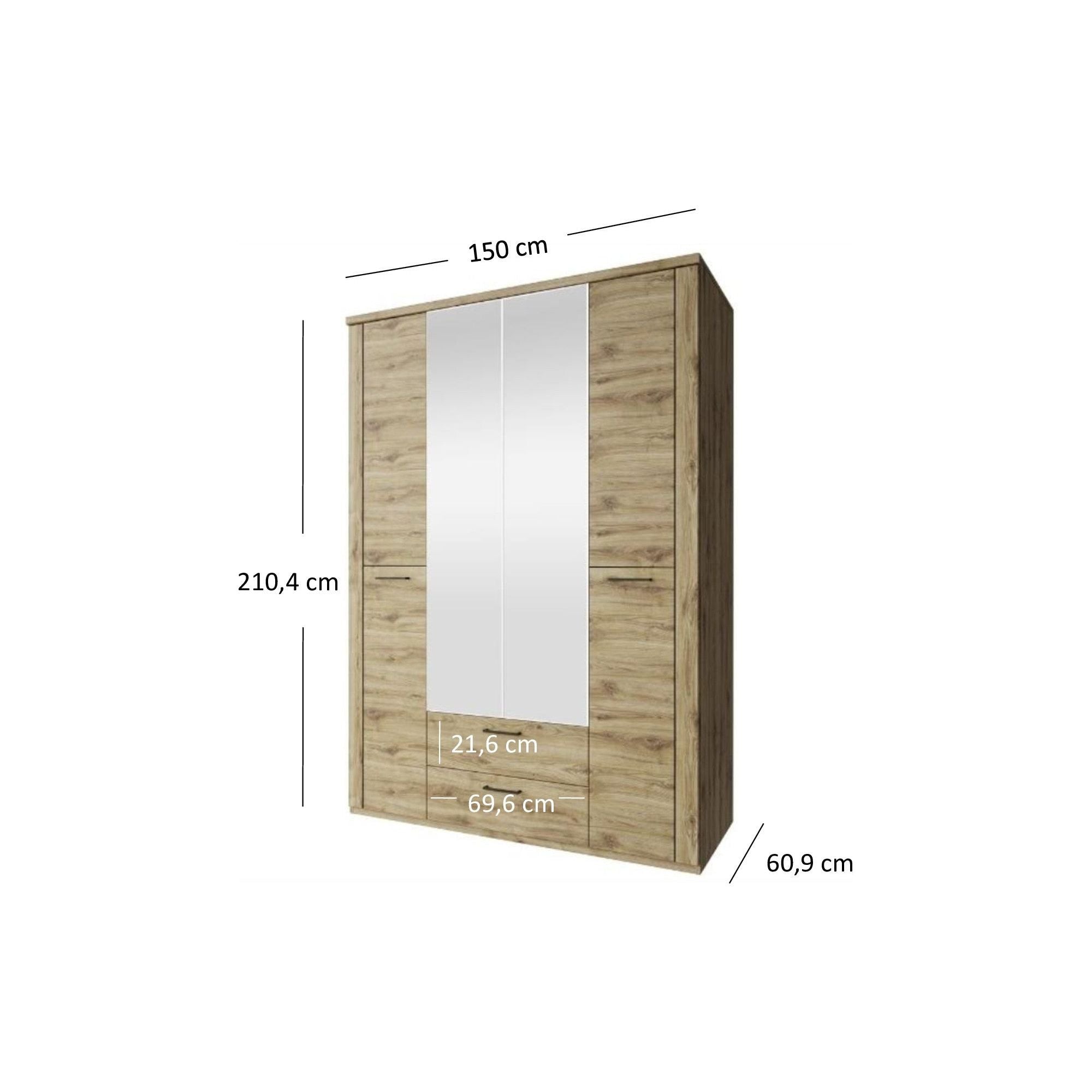 Dulap DOORSET, stejar navarra, PAL laminat, cu 4 usi si 2 sertare, 150x61x211 cm