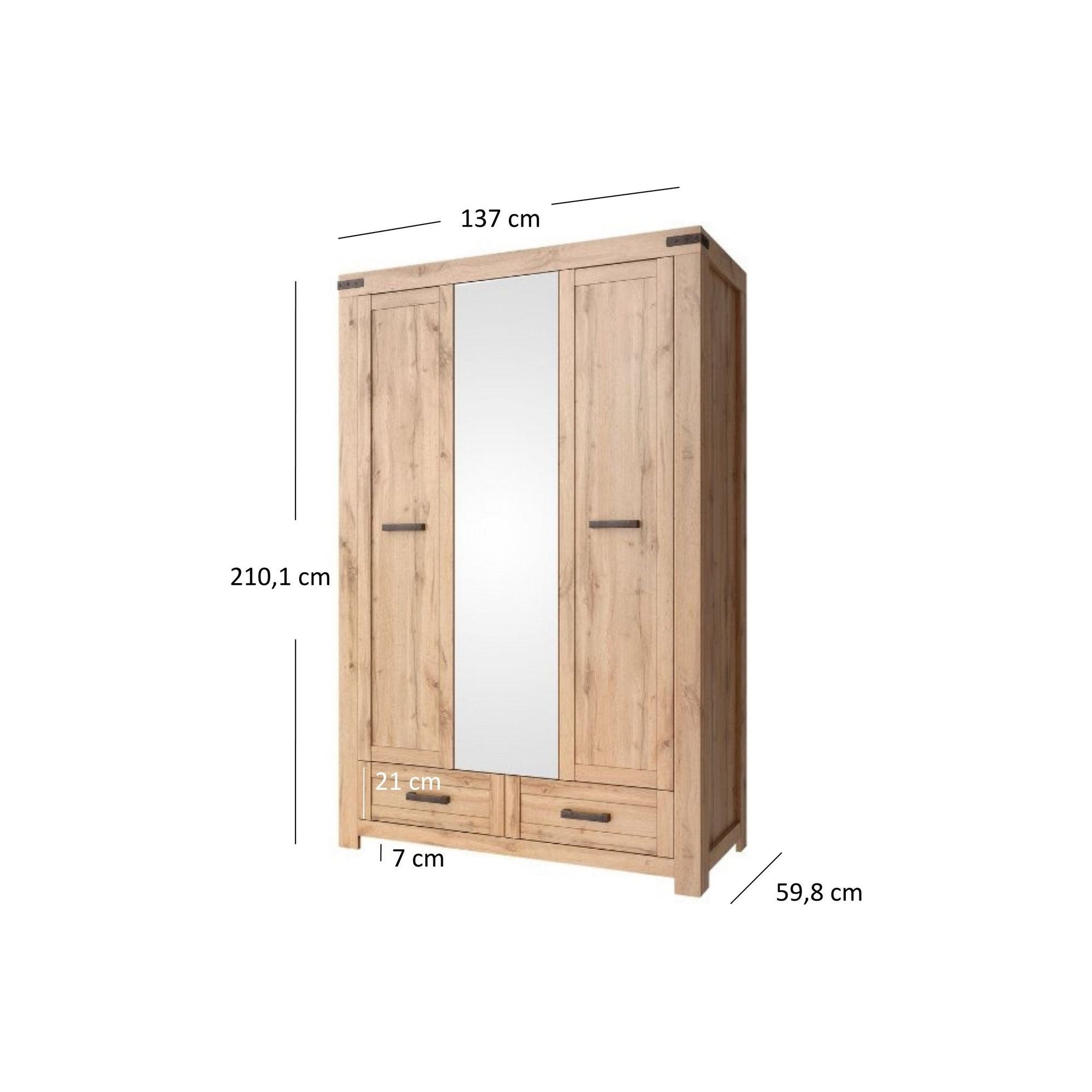Dulap MORTIZ, stejar wotan, PAL laminat, cu 3 usi si 2 sertare, 137x60x210 cm