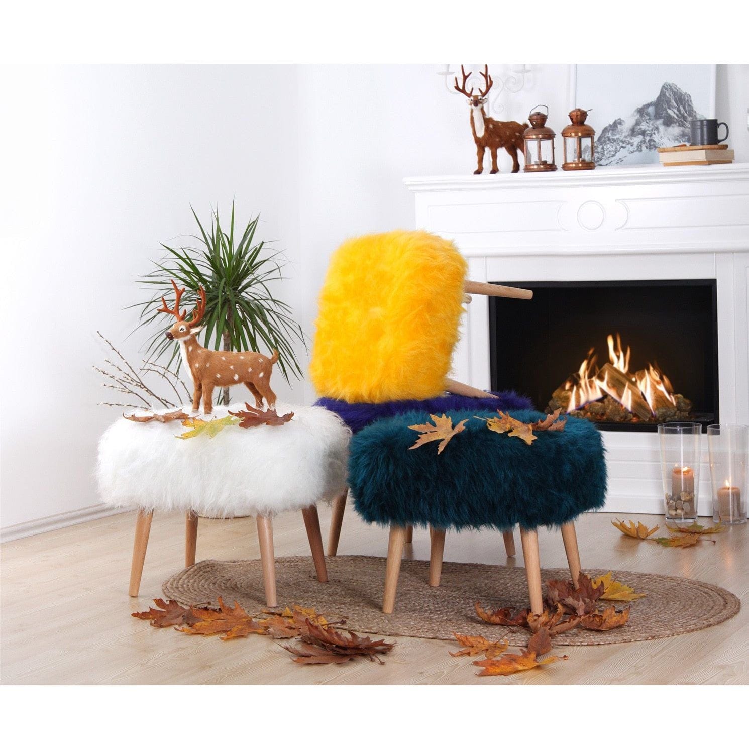 Taburet DEER, alb/stejar, blana artificiala/lemn, 50x42x45 cm