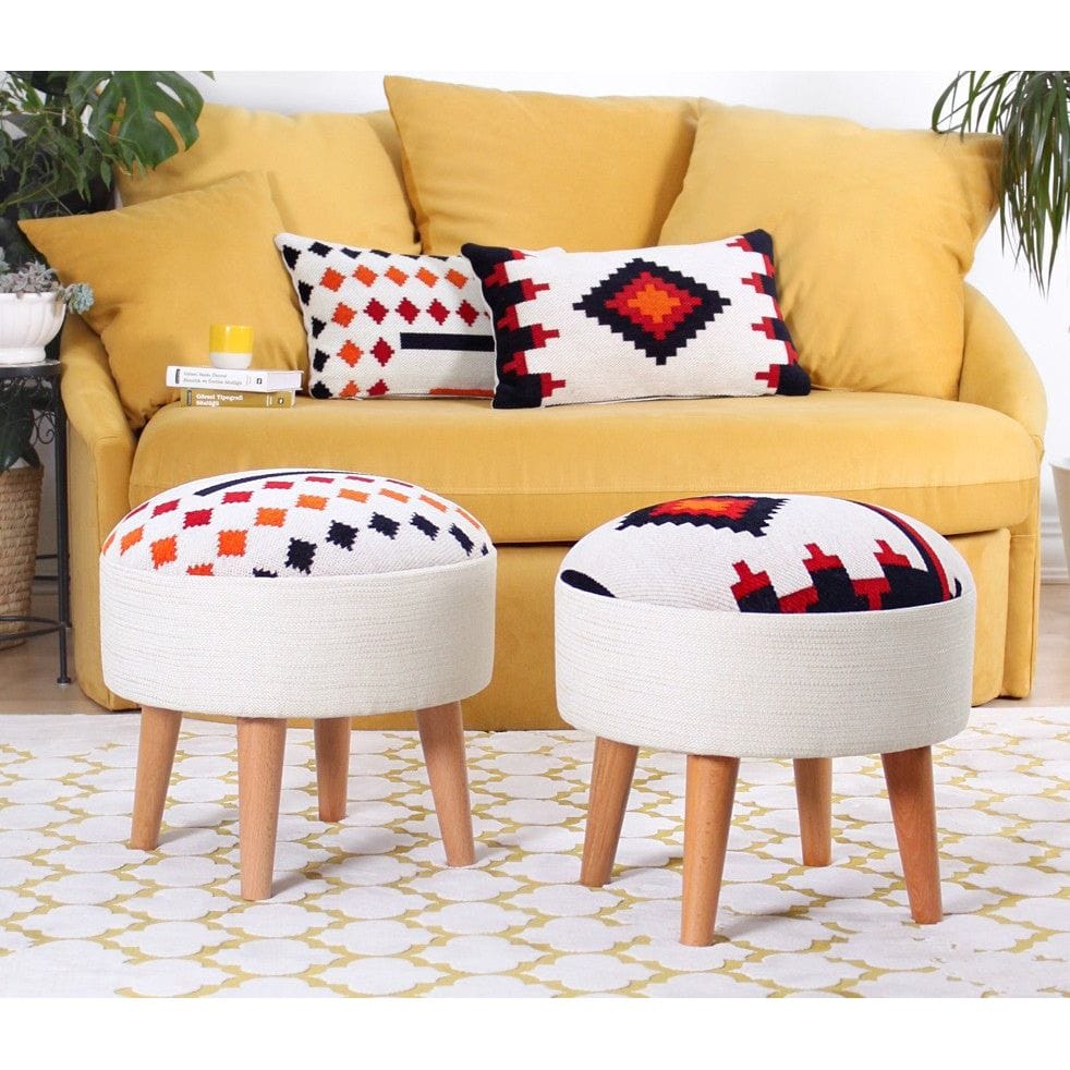 Taburet FARM, alb/stejar, lemn/material textil, 46x46x42 cm