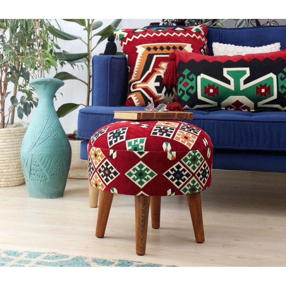 Taburet MELIK V2, multicolor, material textil/lemn, 46x46x42 cm