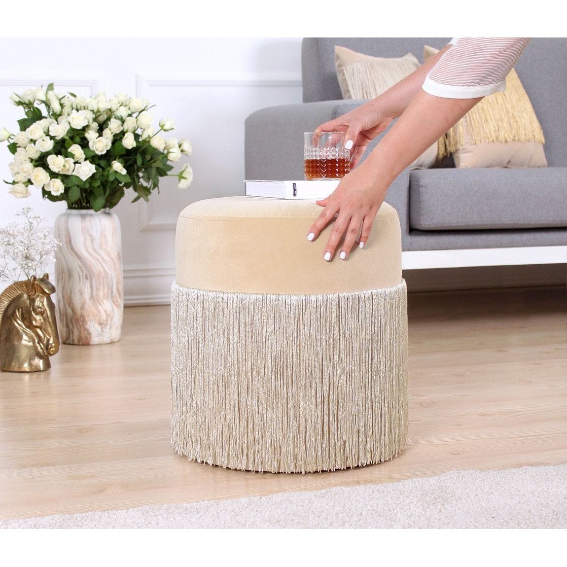 Taburet MERKÜR, stofa catifelata crem, 45x45x40 cm