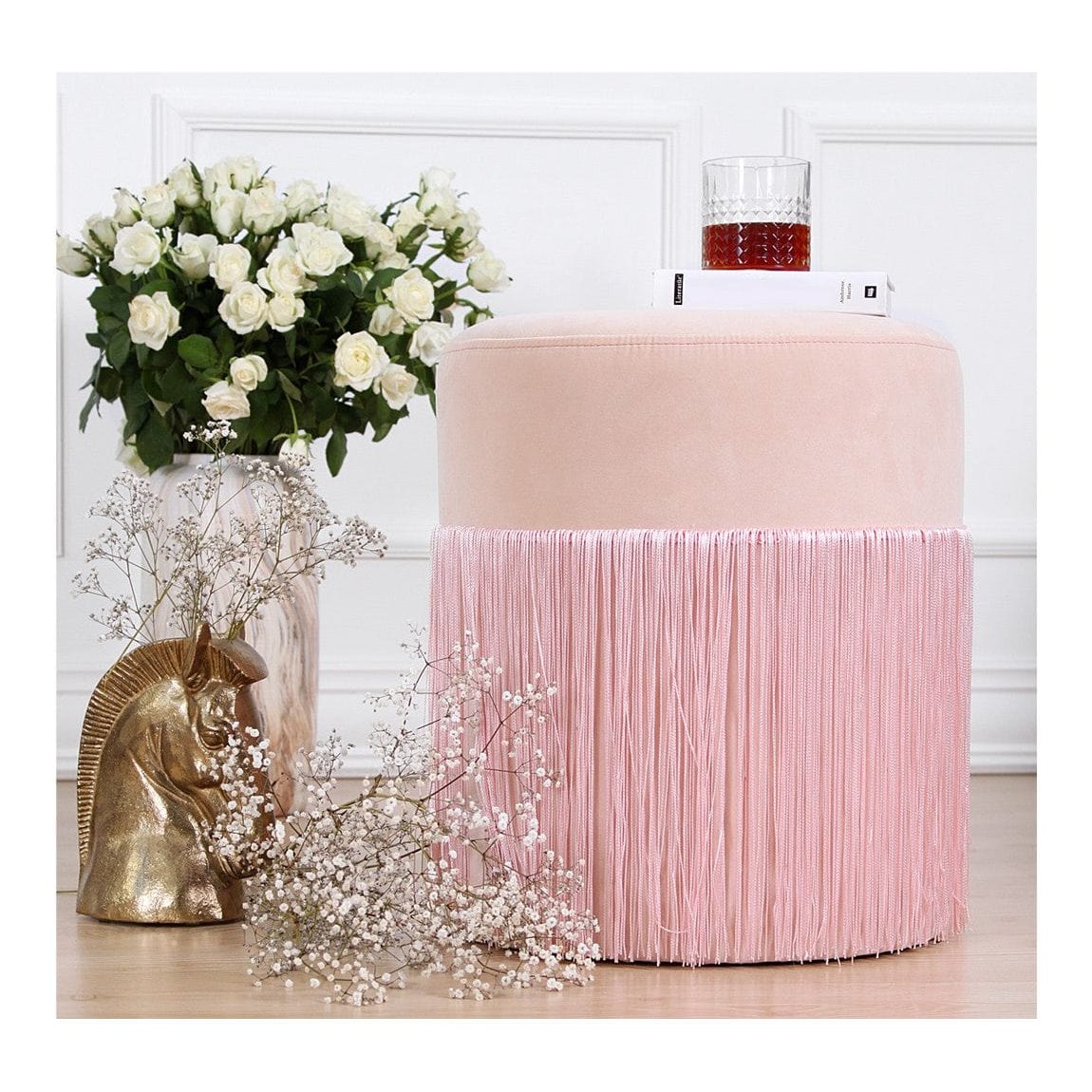 Taburet MERKÜR, stofa catifelata roz, 45x45x40 cm