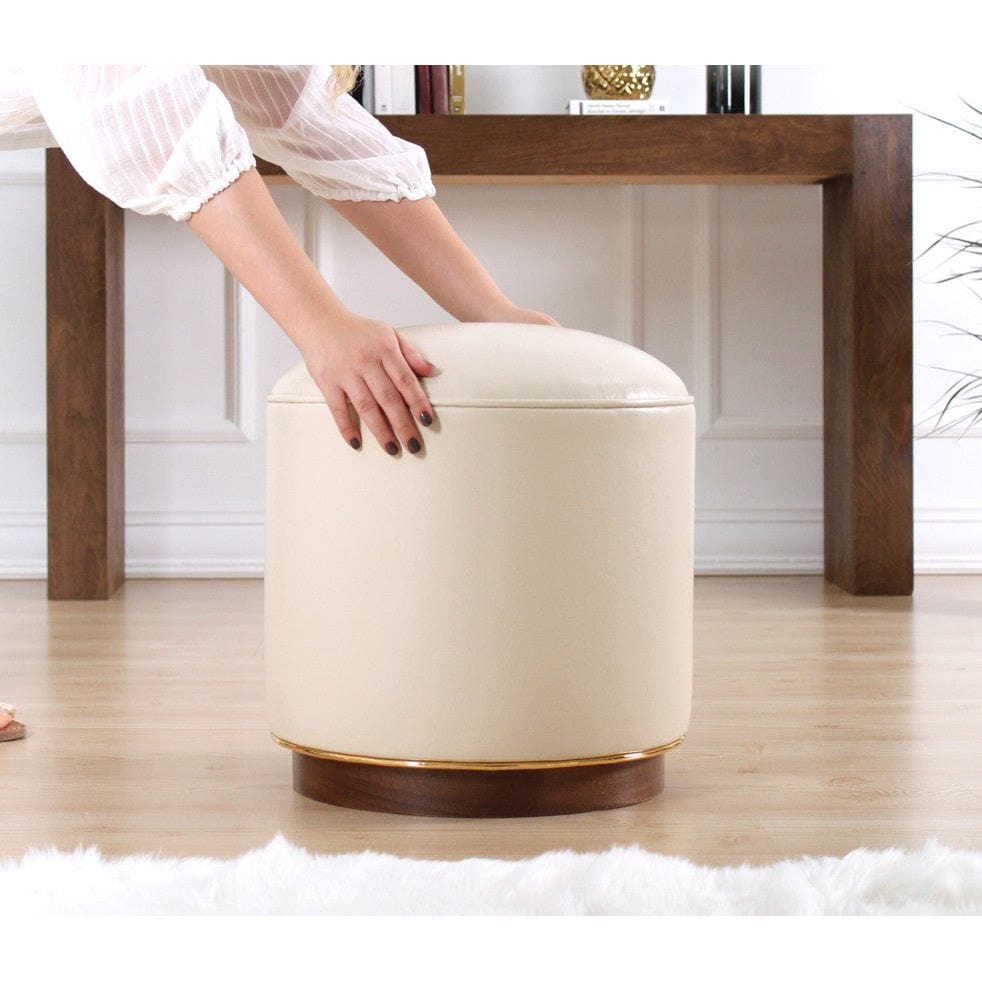 Taburet MILOTTE, crem/nuc/auriu, lemn/piele ecologica, 42x42x43 cm