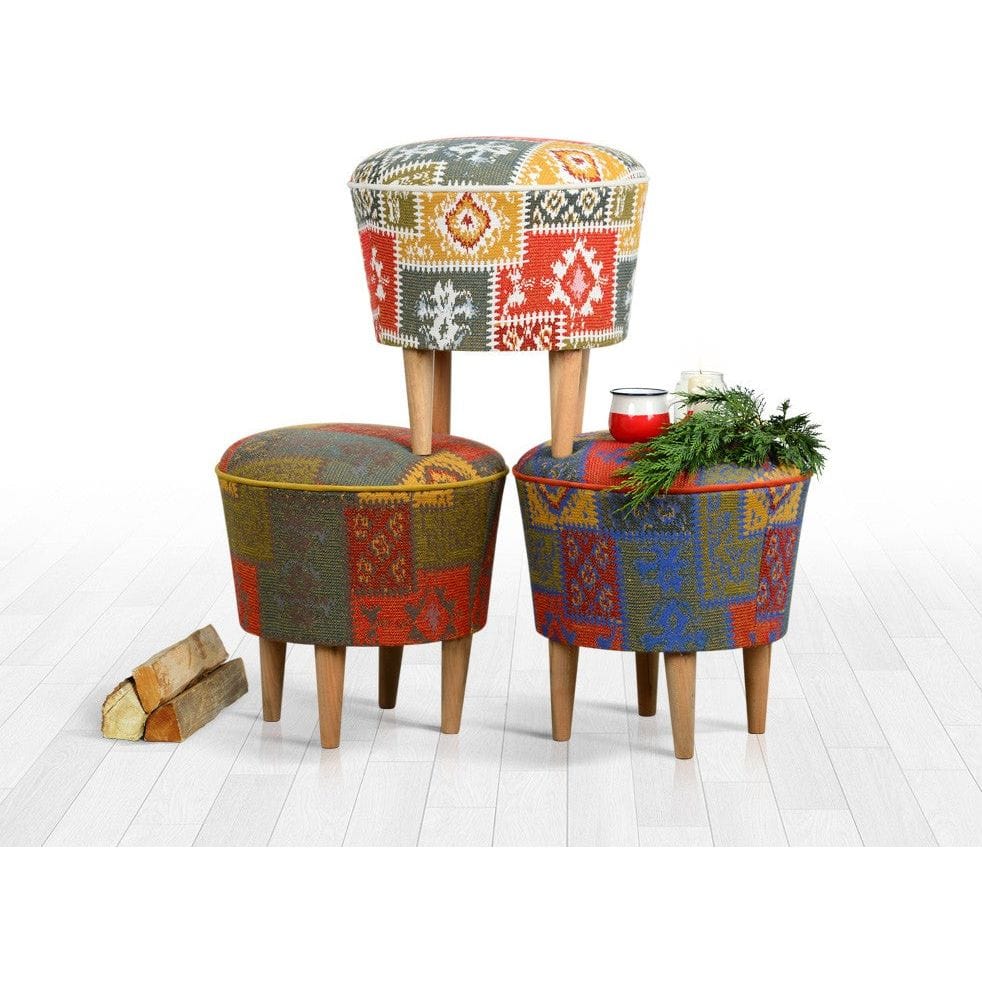 Taburet RUG, multicolor/stejar, material textil/lemn, 42x42x42 cm