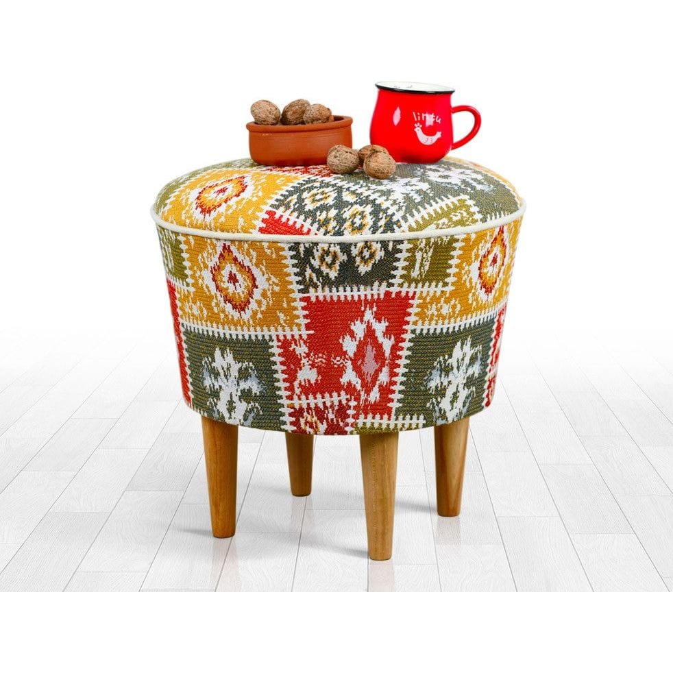 Taburet RUG, multicolor/stejar, material textil/lemn, 42x42x42 cm