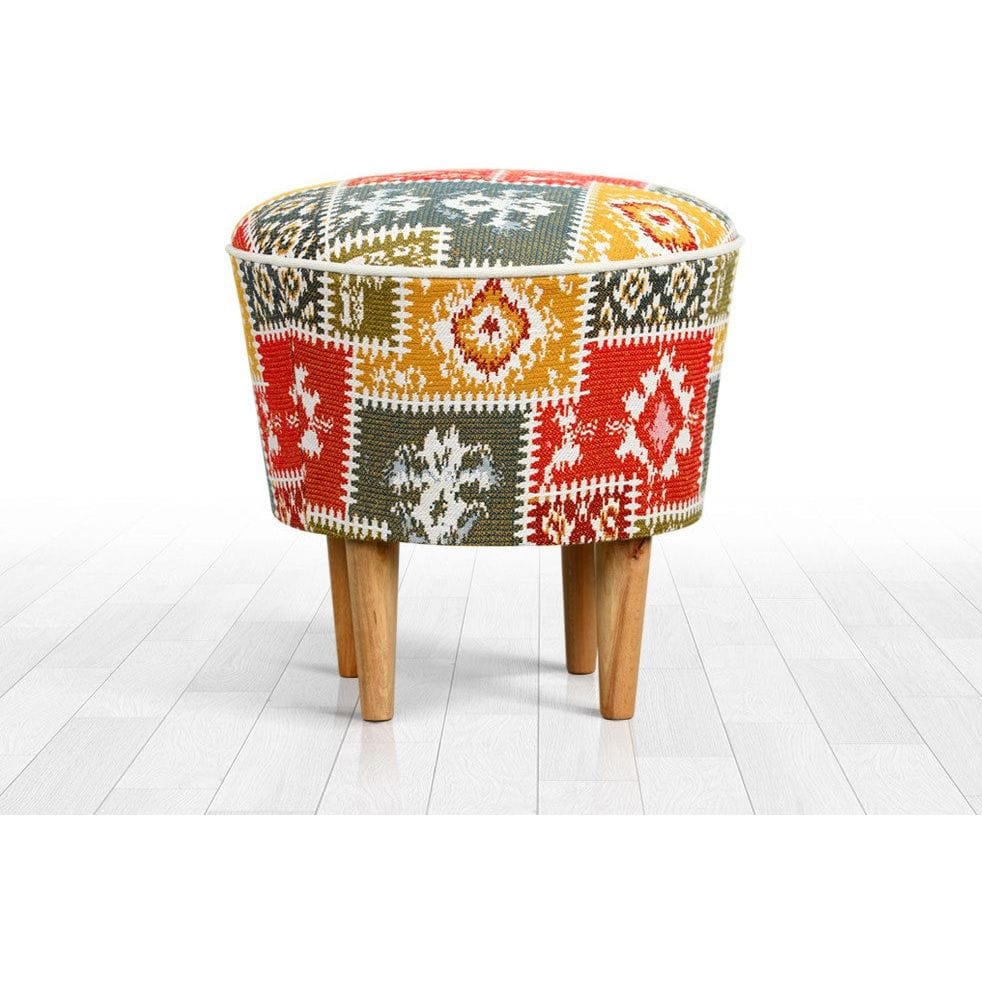 Taburet RUG, multicolor/stejar, material textil/lemn, 42x42x42 cm