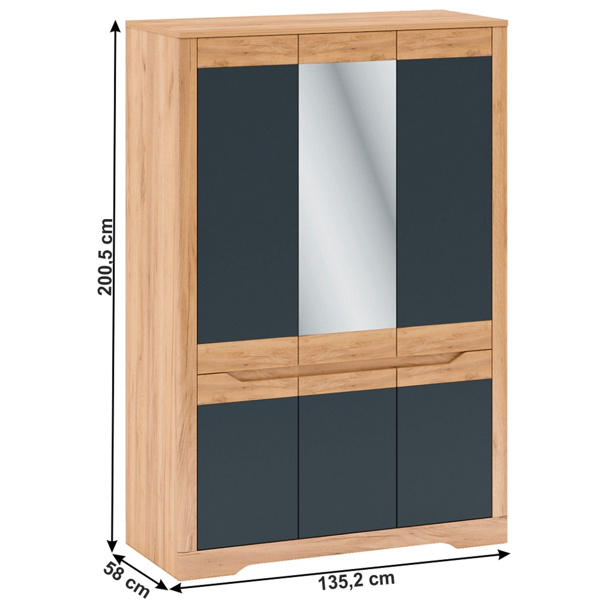 Dulap FIDEL, stejar craft auriu/gri grafit, PAL laminat, cu 6 usi, cu oglinda, 135x58x201 cm