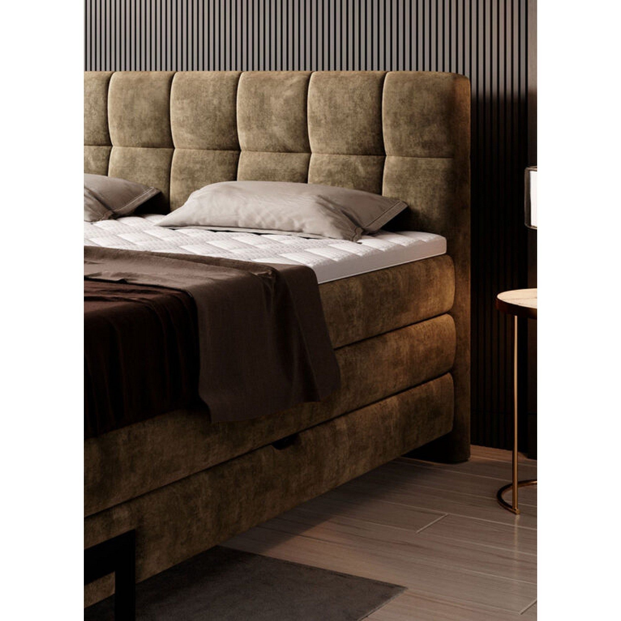 Pat boxspring VIANO 160x200, stofa clasica maro - Austin 5, cu saltele si lada depozitare