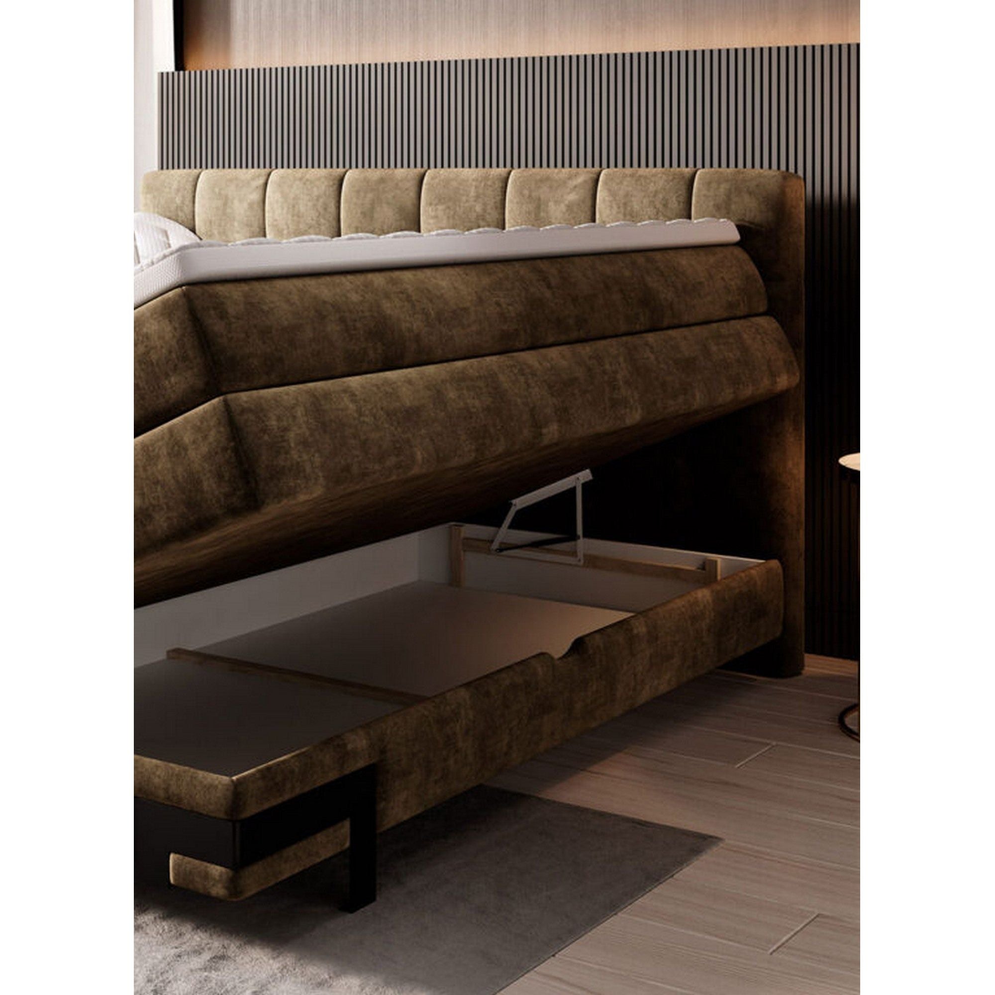 Pat boxspring VIANO 160x200, personalizabil materiale gama Premium, cu saltele, topper si lada pentru depozitare