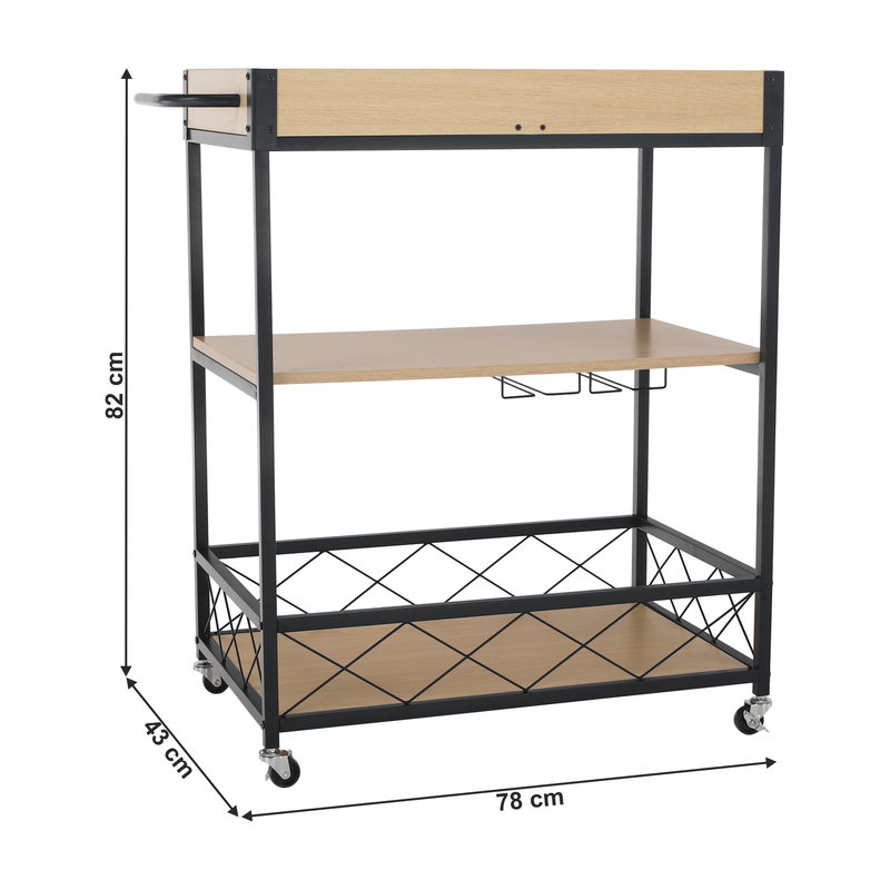 Carucior servire VINITA, stejar/negru, PAL/metal, 78x43x82 cm