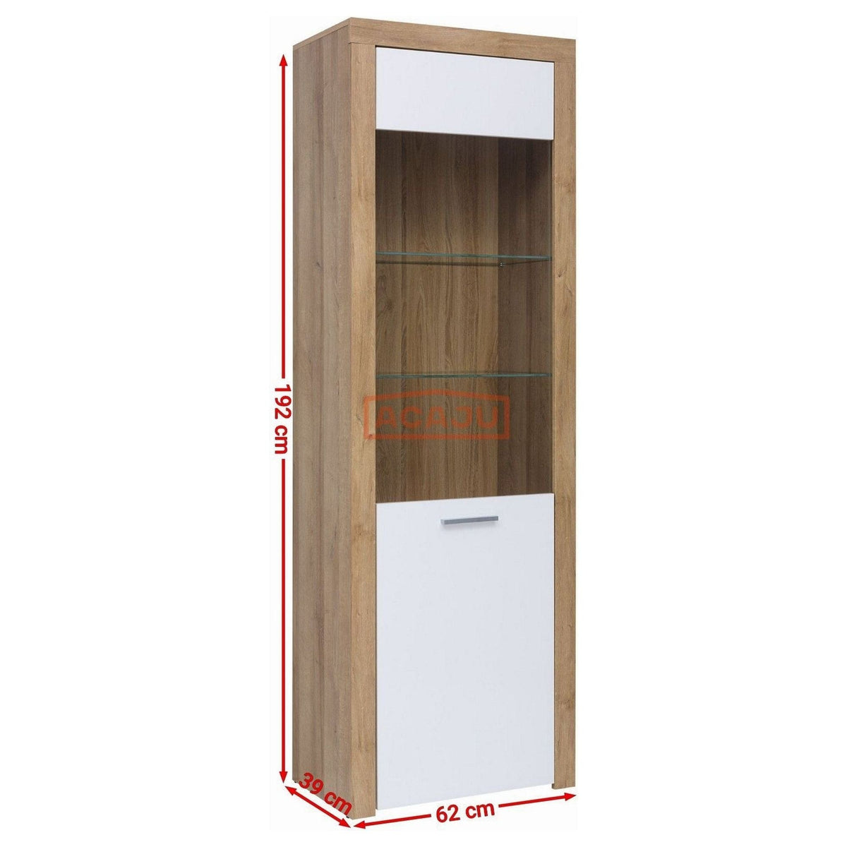 Vitrina BALDER, stejar rivierra/alb, PAL/sticla securizata, 62x39x192 cm