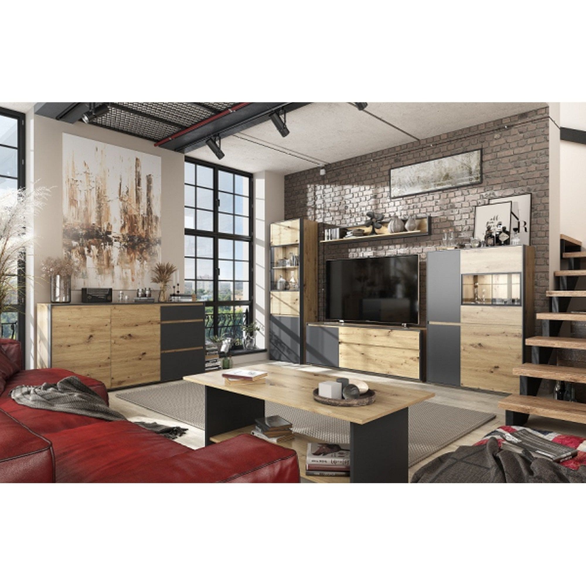 Vitrina BOSCO, stejar artisan/negru, PAL laminat, 95x38x144 cm