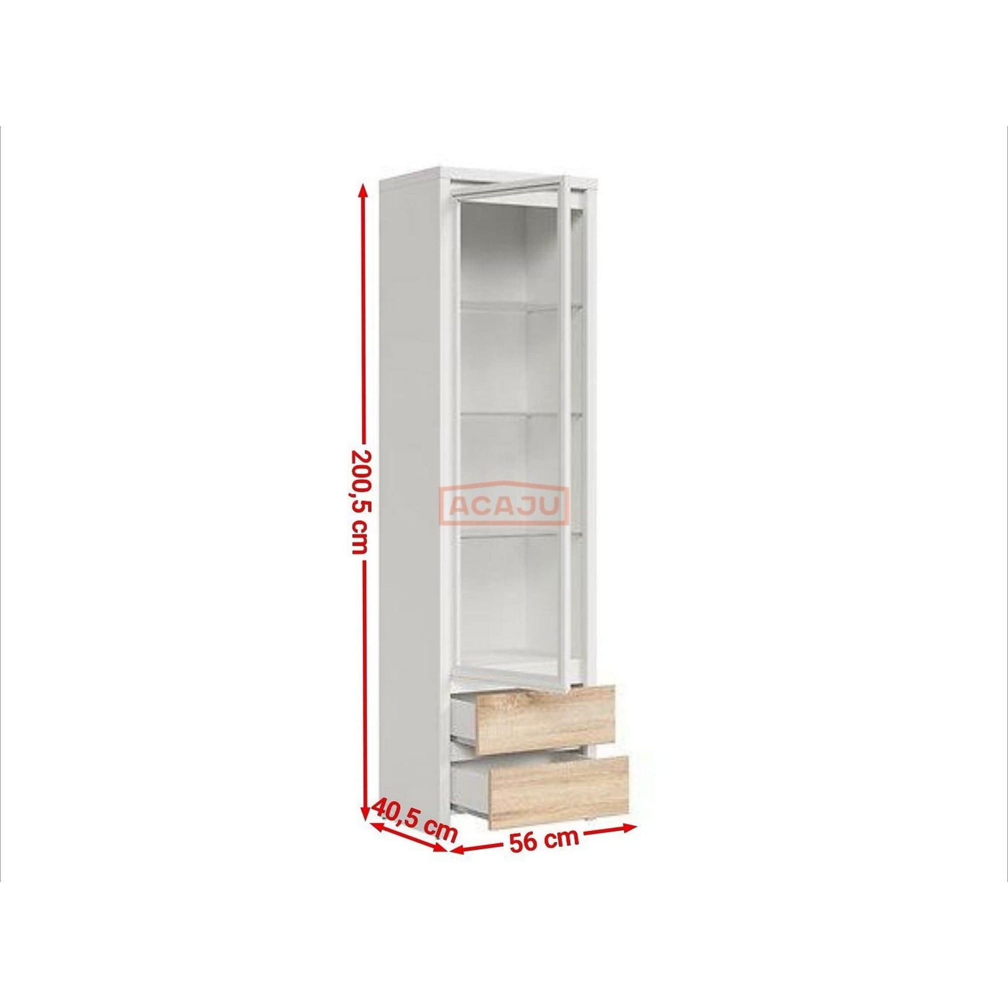 Vitrina KASPIAN, alb/stejar sonoma, PAL/sticla securizata, 56x41x201 cm