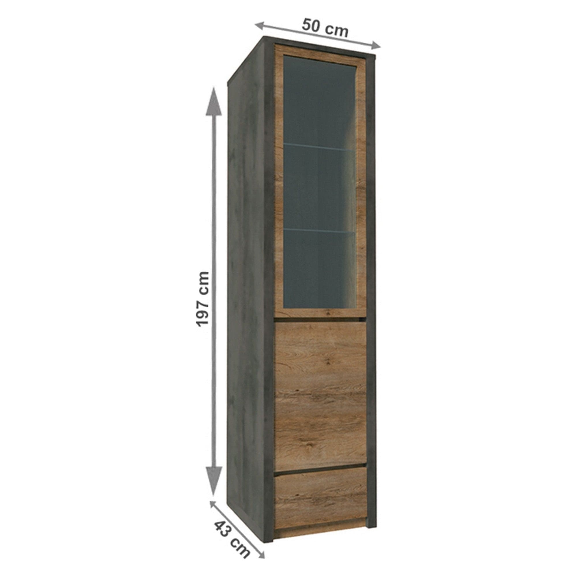 Vitrina MONTANA W1D, stejar lefkas inchis/gri, PAL melaminat/sticla, 50x43x197 cm
