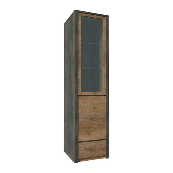 Vitrina MONTANA W1D, stejar lefkas inchis/gri, PAL melaminat/sticla, 50x43x197 cm