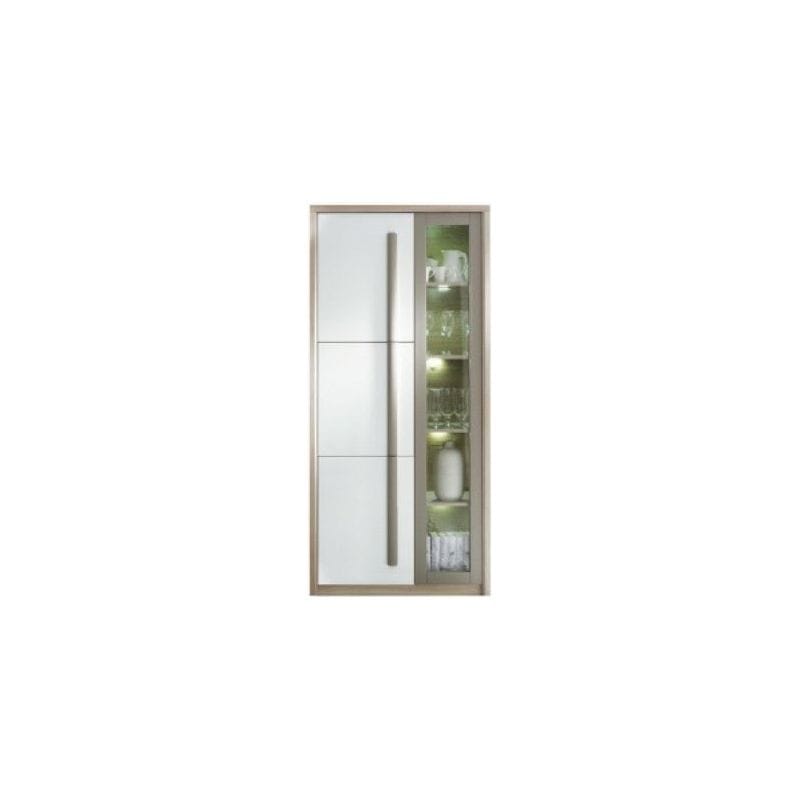 Vitrina ROMA 2, stejar Ferrara/alb lucios/gri mat, PAL/sticla, 90x43x194 cm