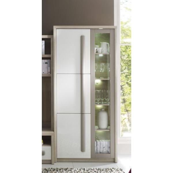 Vitrina ROMA 2, stejar Ferrara/alb lucios/gri mat, PAL/sticla, 90x43x194 cm