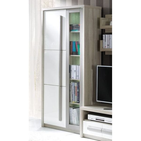 Vitrina ROMA 2, stejar Ferrara/alb lucios/gri mat, PAL/sticla, 90x43x194 cm