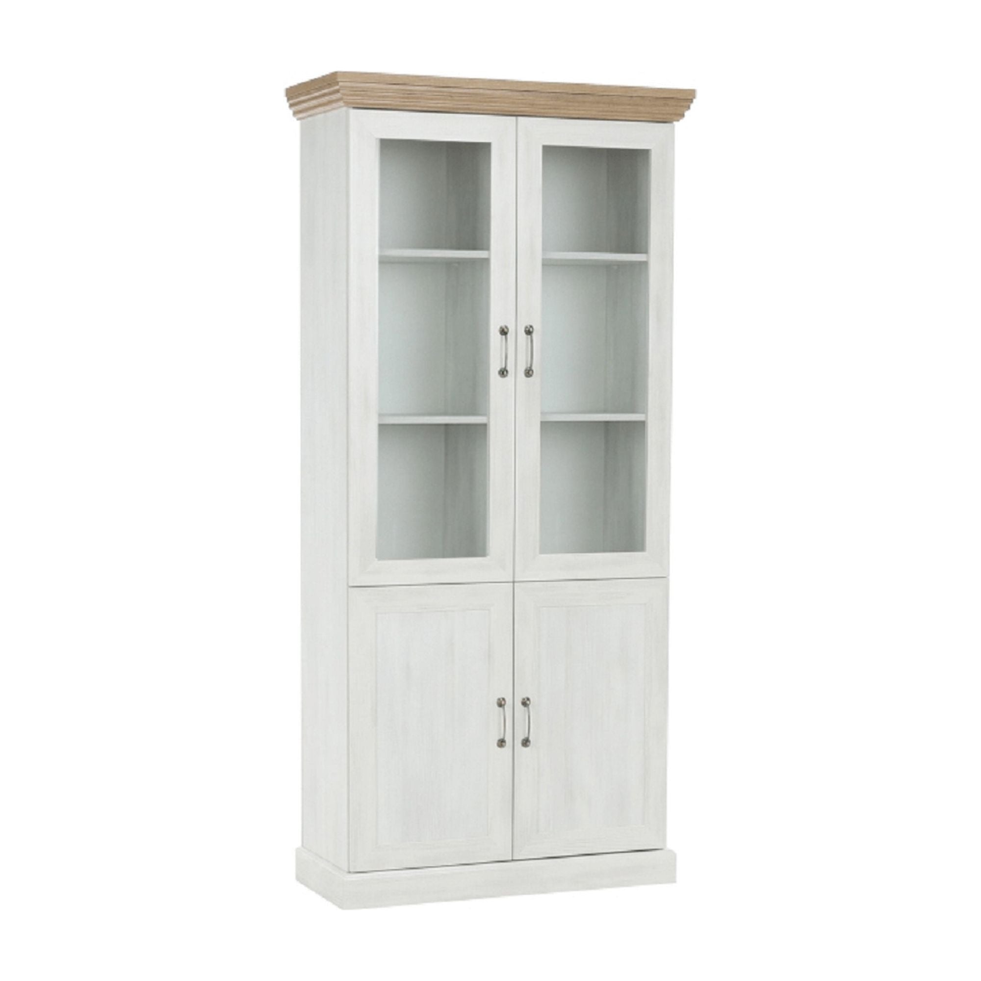 Vitrina ROYAL W4D, alb/stejar salbatic, PAL melaminat/plinte decorative/metal, 87x39x187 cm