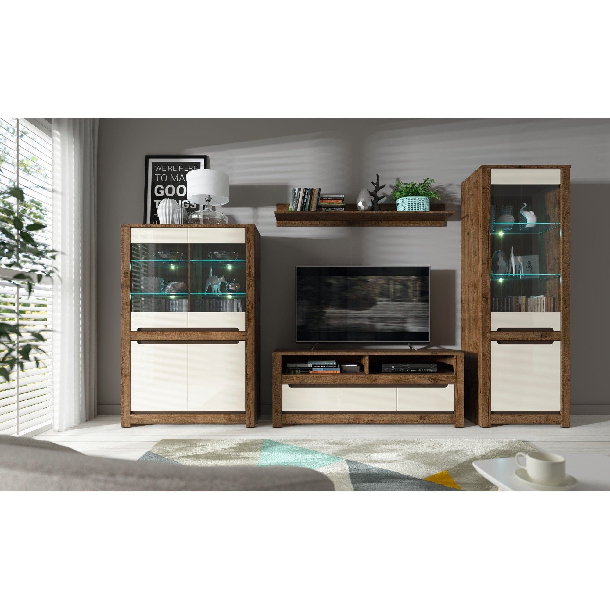 Vitrina RUSO, stejar april/alb perla, PAL/sticla securizata, 69x46x205 cm