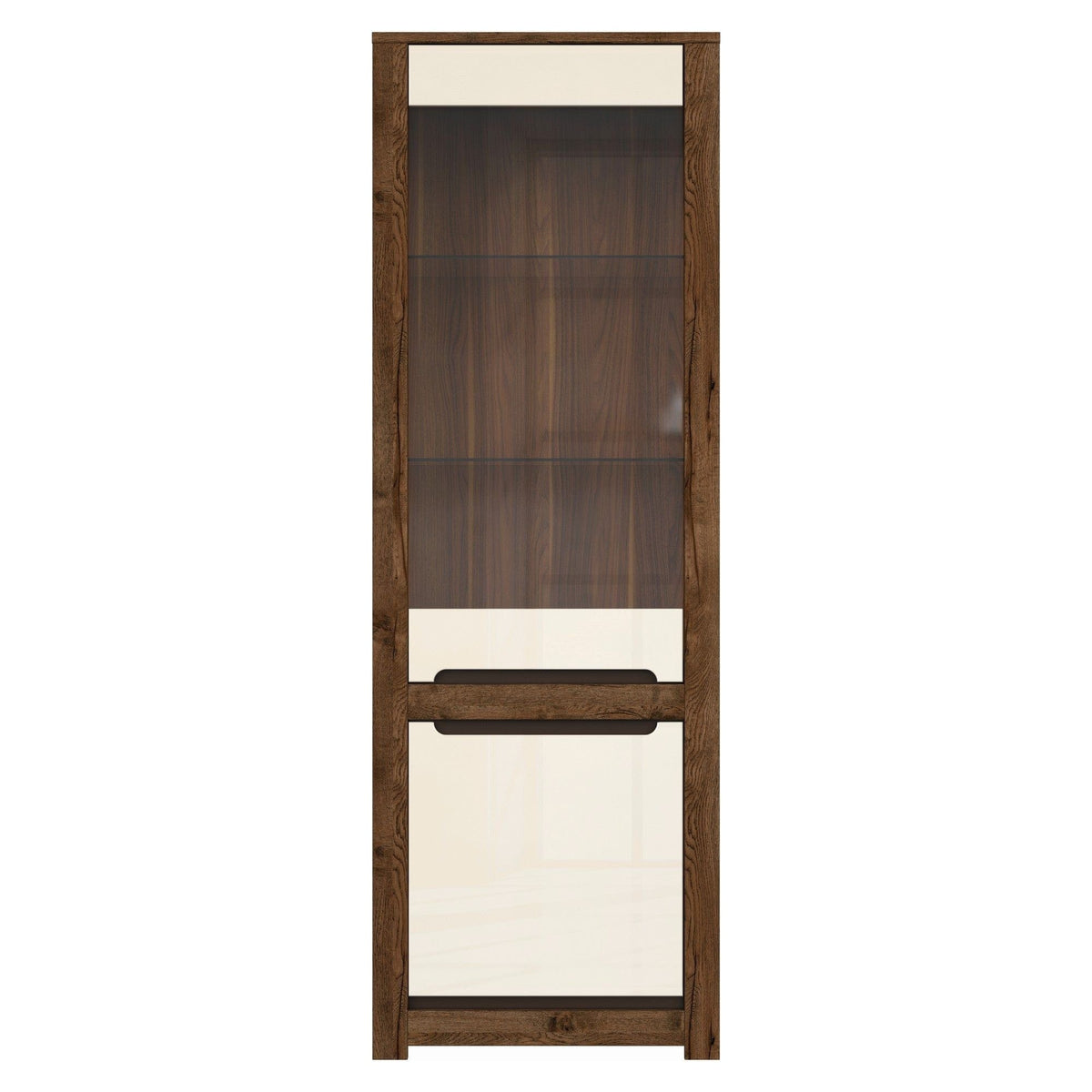 Vitrina RUSO, stejar april/alb perla, PAL/sticla securizata, 69x46x205 cm