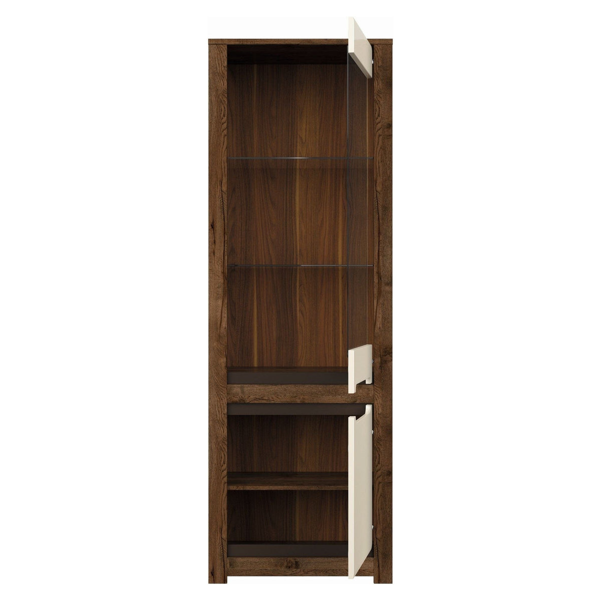 Vitrina RUSO, stejar april/alb perla, PAL/sticla securizata, 69x46x205 cm