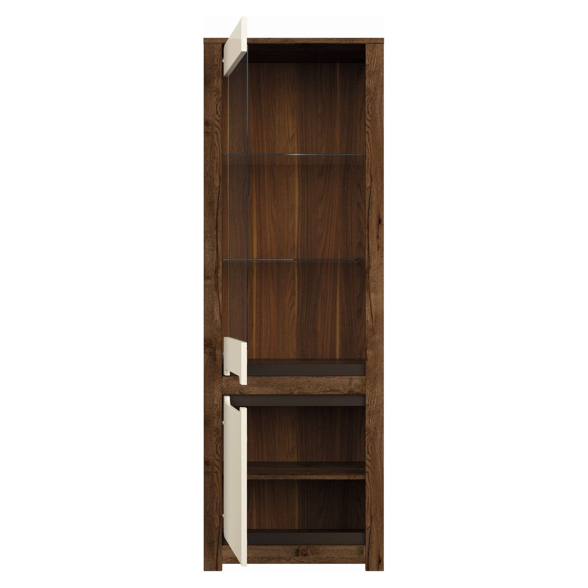 Vitrina RUSO, stejar april/alb perla, PAL/sticla securizata, 69x46x205 cm