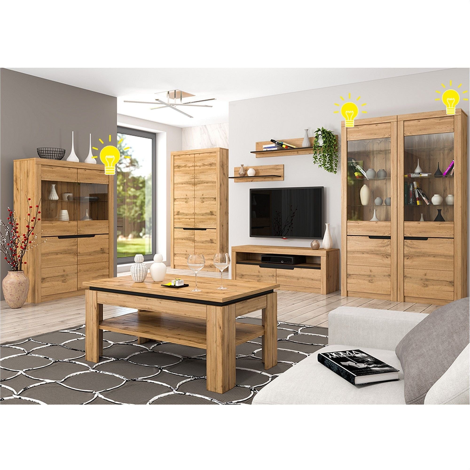 Vitrina TORONTA A1, stejar wotan, DTD laminat, deschidere stanga, 63x40x197 cm