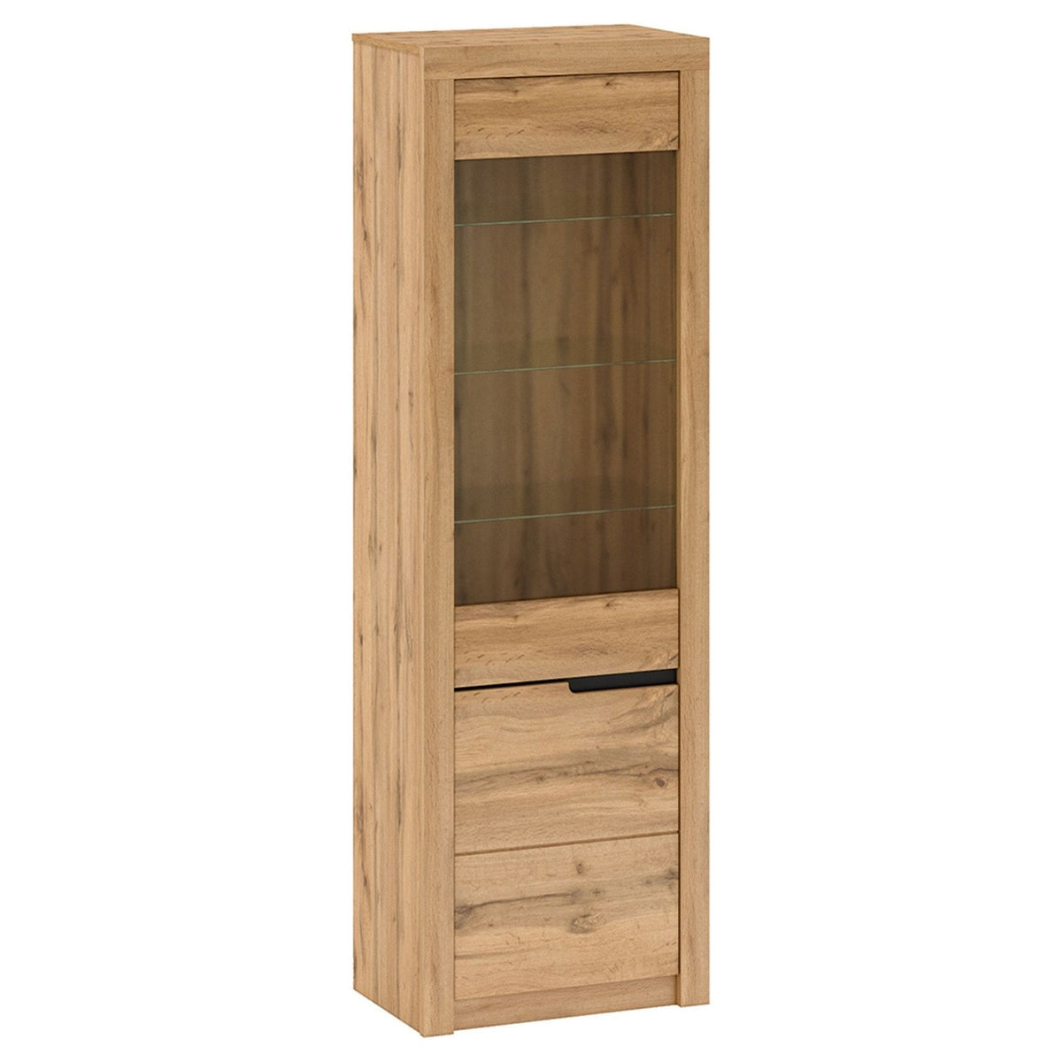 Vitrina TORONTA A1, stejar wotan, DTD laminat, deschidere stanga, 63x40x197 cm