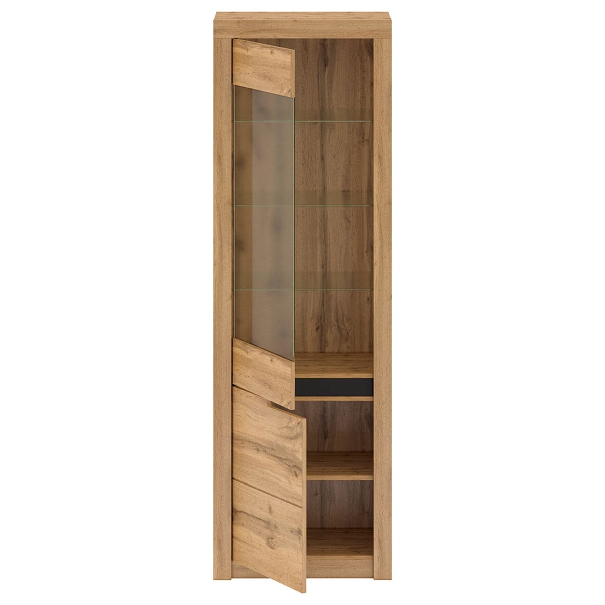 Vitrina TORONTA A1, stejar wotan, DTD laminat, deschidere stanga, 63x40x197 cm