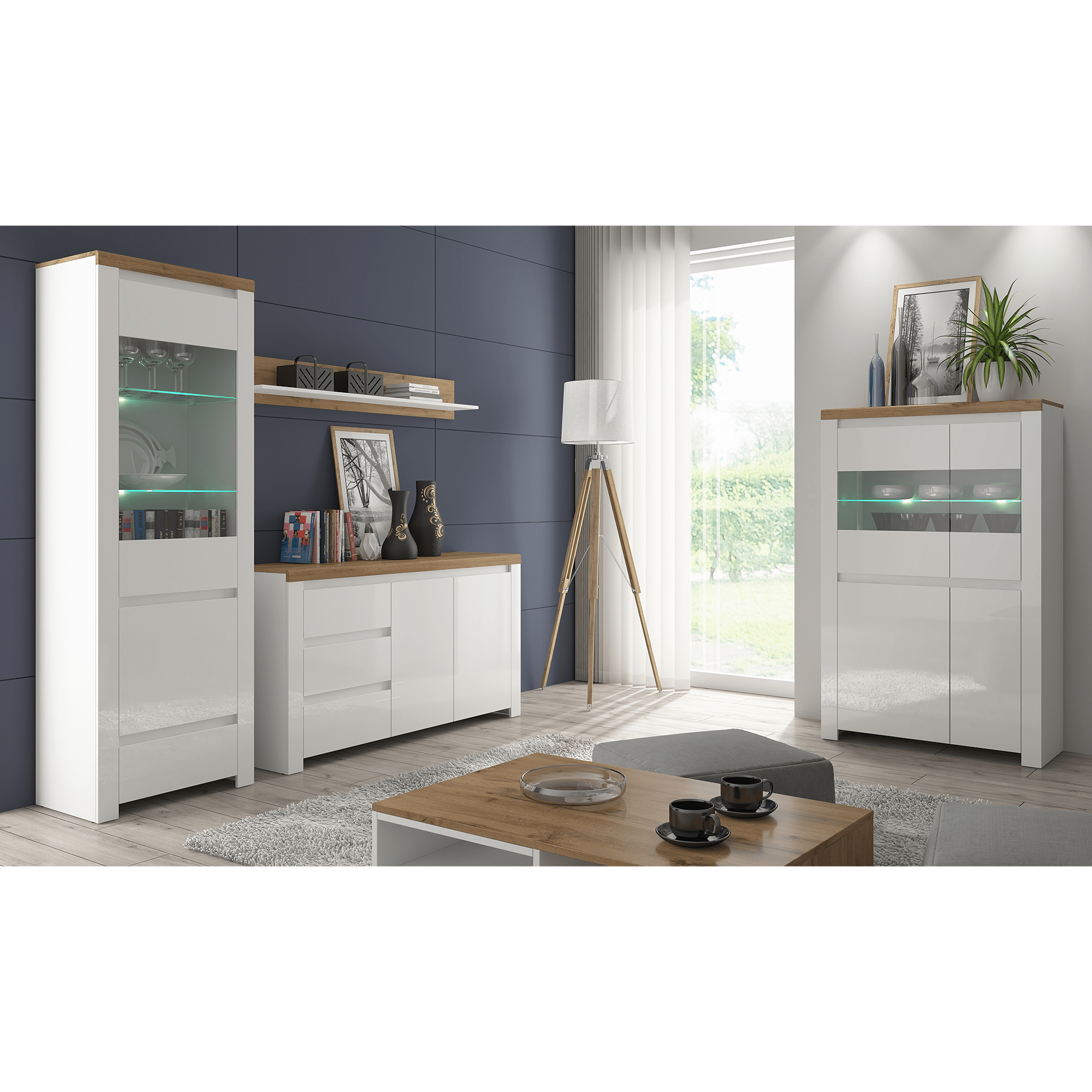 Vitrina VIGO 2D2W, alb/stejar wotan, PAL laminat, sticla, 98x42x157 cm