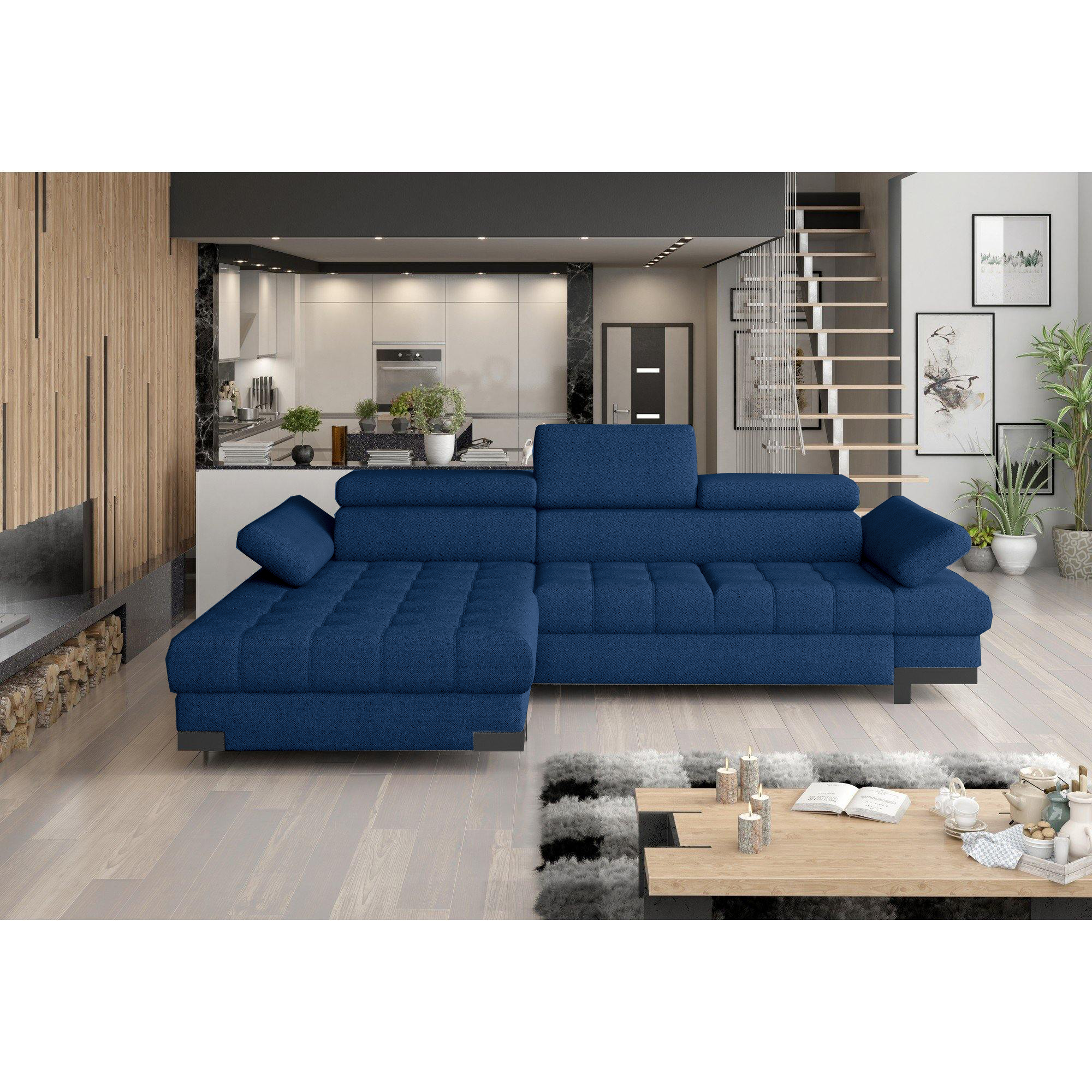 Coltar extensibil SELVA MINI, sezlong stanga, stofa catifelata albastru inchis-Monolith 77, cu lada depozitare, 270x173x95 cm